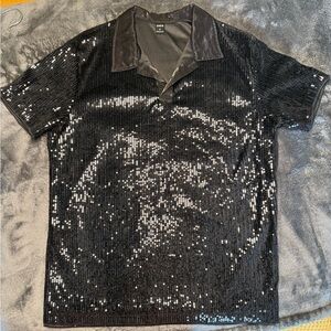 SHEIN Black Polo Shirt with Shimmering Finish